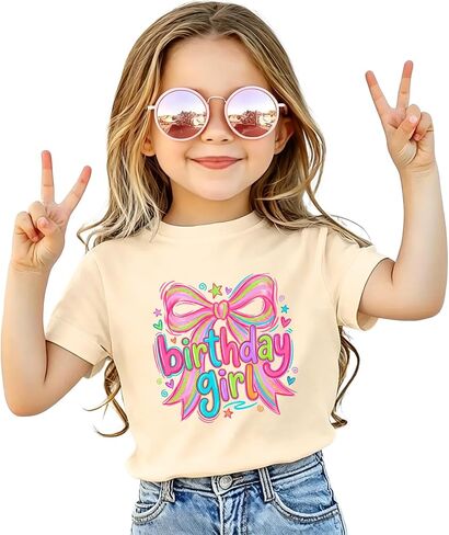Bow Birthday Girl Shirt for Kid Toddler Girls Doodle Birthday Outfit Heart B-Day T-Shirt Gift Party Tees Tops 2-8Y in Kuwait