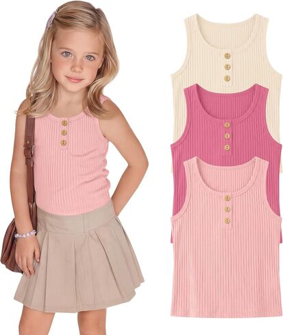 Yooo's Vivi 3 Pack Toddler Girl Tank Top 18M-5T Infant Sleeveless Ribbed Undershirt Baby Henley Crew Neck Summer Casual Shirt in Kuwait