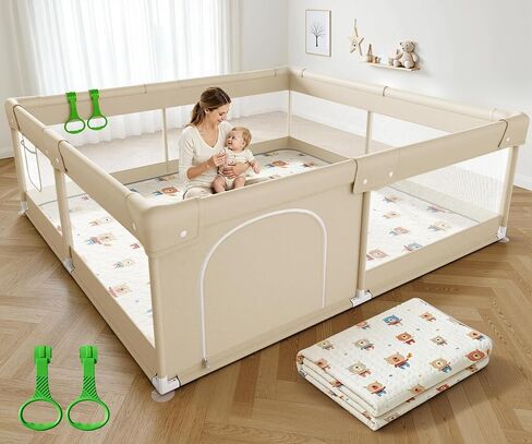 ZEEBABA Safe Baby Playpen with Mat, 47x47in Beige Play Pen with Soft Machine Washable PlayMat, Portable Baby Playard for Babies & Toddlers with Zipper Door in Kuwait