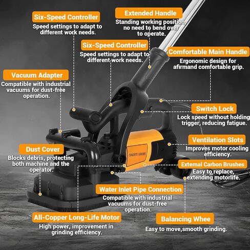 4-Head Concrete Floor Grinder with Extendable Rod, 3800W & 6000 RPM | 4" Concrete Sander with 6-Speed Control & Dust Collection Cover for Cement Marble Floors Granite & Surfaces in Kuwait