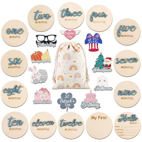3D Baby Monthly Milestone Signs, Baby Announcement Sign Double Sided Hello World Newborn Signs Wooden Circles Discs for Newborn to 12 Months Tracking, Nursery Decor, Baby Shower Gift (Slate Blue) in Kuwait