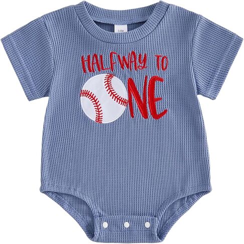 Bagilaanoe Half Birthday Outfit Baby Boy Half Way to ONE Baseball Short Sleeve Romper Jumpsuit One Year Old Clothes in Kuwait