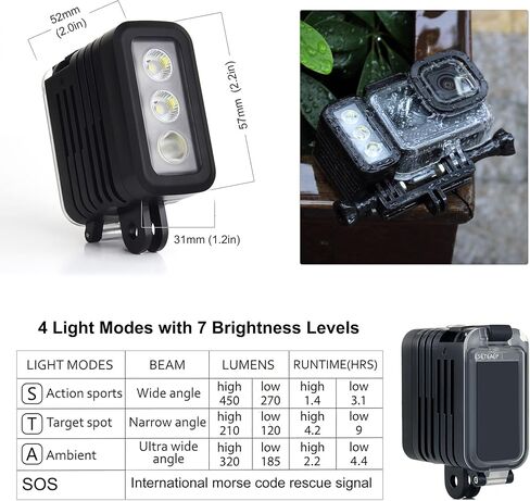 164ft Aluminum Waterproof Dive Light for GoPro Hero 13 12 11 10 9, 450LM Underwater LED Video Light with Dual Twin Mount for DJI Osmo Action 6 5 4 3, Ideal for Underwater Photography in Saudi Arabia