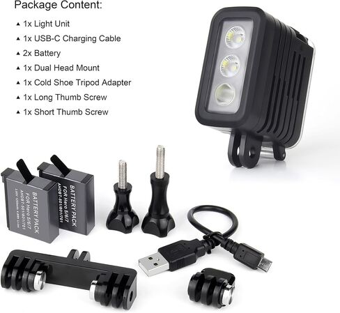 164ft Aluminum Waterproof Dive Light for GoPro Hero 13 12 11 10 9, 450LM Underwater LED Video Light with Dual Twin Mount for DJI Osmo Action 6 5 4 3, Ideal for Underwater Photography in Saudi Arabia