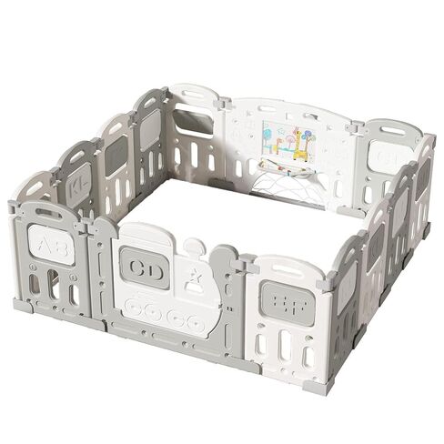 UNICOO – Baby Playpen, Foldable Kids Fence Activity Center, Safety Playard with Games Station Non-Slip Rubber Bases, Adjustable Shape, Portable Design (ZC-001-GW Grey+White) in Kuwait