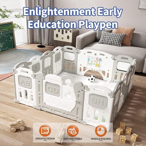 UNICOO – Baby Playpen, Foldable Kids Fence Activity Center, Safety Playard with Games Station Non-Slip Rubber Bases, Adjustable Shape, Portable Design (ZC-001-GW Grey+White) in Kuwait