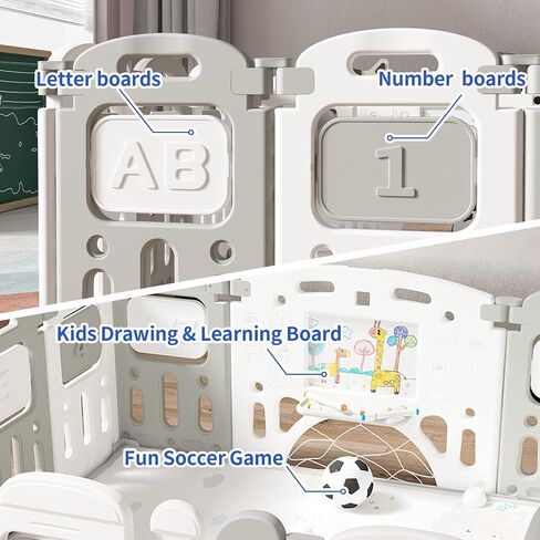 UNICOO – Baby Playpen, Foldable Kids Fence Activity Center, Safety Playard with Games Station Non-Slip Rubber Bases, Adjustable Shape, Portable Design (ZC-001-GW Grey+White) in Kuwait