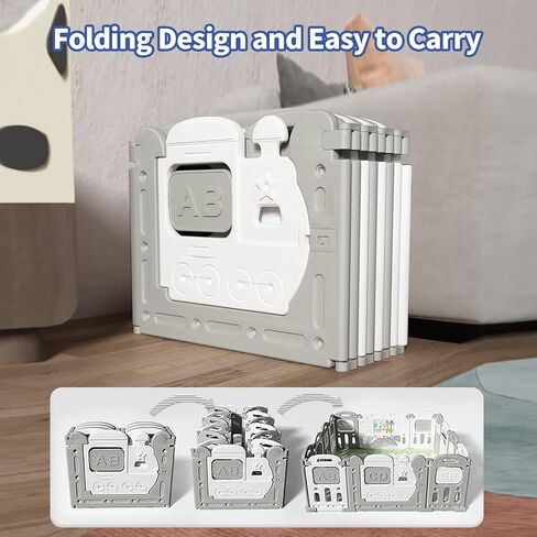 UNICOO – Baby Playpen, Foldable Kids Fence Activity Center, Safety Playard with Games Station Non-Slip Rubber Bases, Adjustable Shape, Portable Design (ZC-001-GW Grey+White) in Kuwait