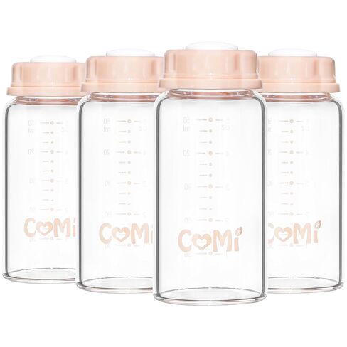 COMI Natural Glass Baby Bottle,Standard Neck Breastmilk Storage Bottle for Fridge,Breast Milk Container,Breast Pump Bottle Compatible with Medela Breast Pump,BPA Free,4PCS (5oz,4 Gray Lids) in Kuwait