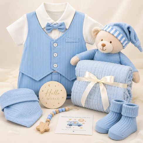 Newborn Baby Boy Gift Basket | Luxury Set with Gentleman Outfit, Muslin Swaddle Blanket | Perfect for First Photos, Welcome Baby Essentials in Kuwait