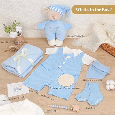Newborn Baby Boy Gift Basket | Luxury Set with Gentleman Outfit, Muslin Swaddle Blanket | Perfect for First Photos, Welcome Baby Essentials in Kuwait