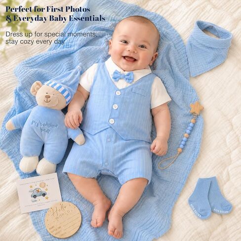 Newborn Baby Boy Gift Basket | Luxury Set with Gentleman Outfit, Muslin Swaddle Blanket | Perfect for First Photos, Welcome Baby Essentials in Kuwait