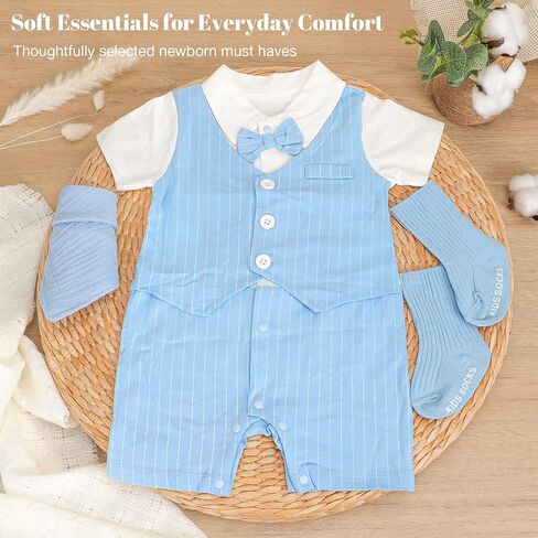 Newborn Baby Boy Gift Basket | Luxury Set with Gentleman Outfit, Muslin Swaddle Blanket | Perfect for First Photos, Welcome Baby Essentials in Kuwait