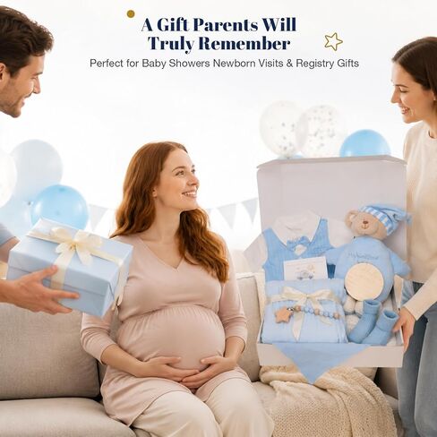 Newborn Baby Boy Gift Basket | Luxury Set with Gentleman Outfit, Muslin Swaddle Blanket | Perfect for First Photos, Welcome Baby Essentials in Kuwait