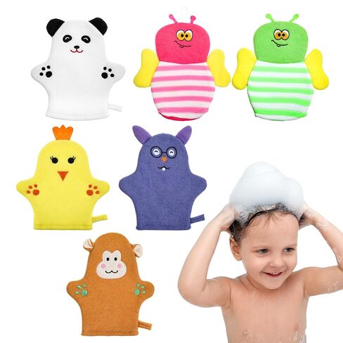 6PCS Baby Bath Mitt Washcloths Gloves 8.5x6.4 inch Soft Face Washcloths for Kids Shower Cute Animal Style Baby Mittens Bath Towel Toddler Wash Cloths Infant Scrubber Bathing Loofah Gloves in Kuwait