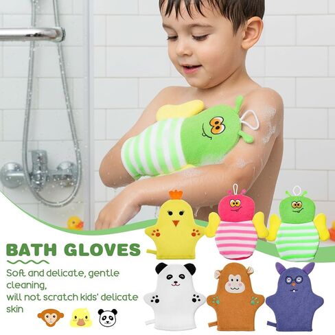 6PCS Baby Bath Mitt Washcloths Gloves 8.5x6.4 inch Soft Face Washcloths for Kids Shower Cute Animal Style Baby Mittens Bath Towel Toddler Wash Cloths Infant Scrubber Bathing Loofah Gloves in Kuwait