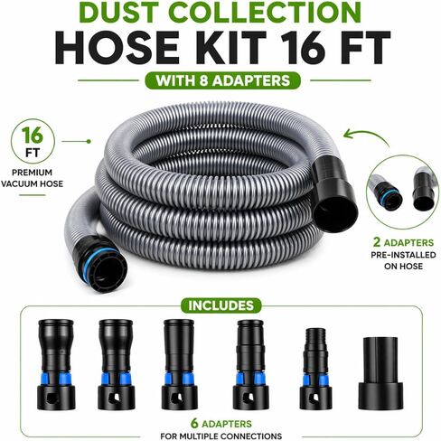 Dust Collection Hose Kit 16 Ft Vacuum Hose Shop Vac Hose for Home Improvement Tool Set Multi Brand Fit on Table Saw Multi Tool Orbital Sander Dust Collection System with Adapters. in Kuwait