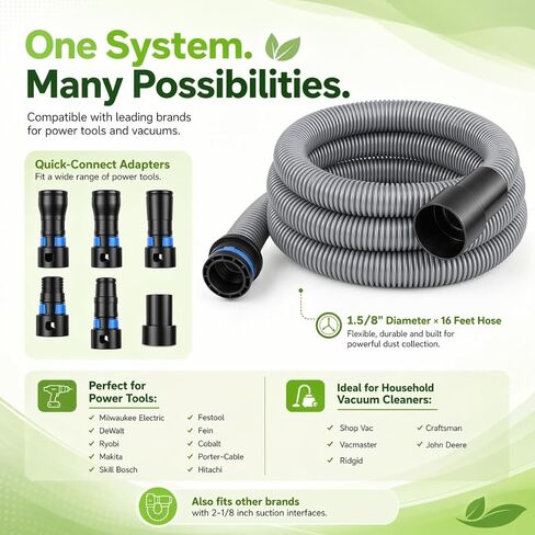 Dust Collection Hose Kit 16 Ft Vacuum Hose Shop Vac Hose for Home Improvement Tool Set Multi Brand Fit on Table Saw Multi Tool Orbital Sander Dust Collection System with Adapters. in Kuwait