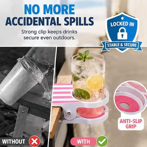 Universal Clip-On Cup Holder for Beach Chair & Desk Cute Drink Clamp | Anti-Spill Accessory for Table Pool Lounger and Cruise Fits Coffee Mugs Water Bottles & Cans (Pink) in Kuwait