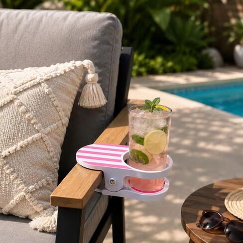 Universal Clip-On Cup Holder for Beach Chair & Desk Cute Drink Clamp | Anti-Spill Accessory for Table Pool Lounger and Cruise Fits Coffee Mugs Water Bottles & Cans (Pink) in Kuwait