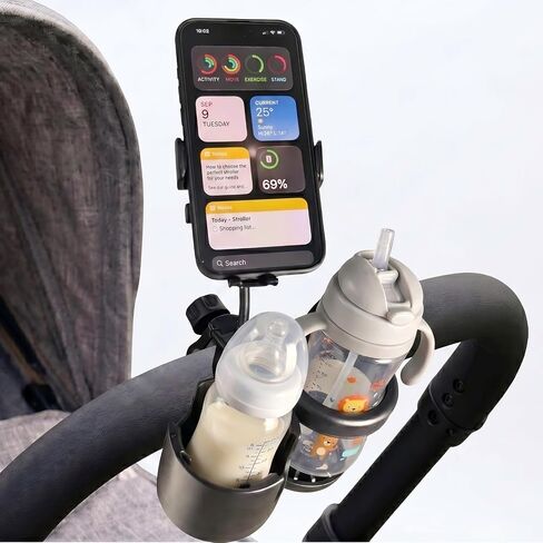 Universal 3-in-1 Stroller Cup Holder with 360° Rotatable Phone Mount, Detachable Dual Drink Holder for Bicycle, Motorcycle, Wheelchair, Walker, and Scooter, Fits Large Tumblers & Baby Bottles in Kuwait
