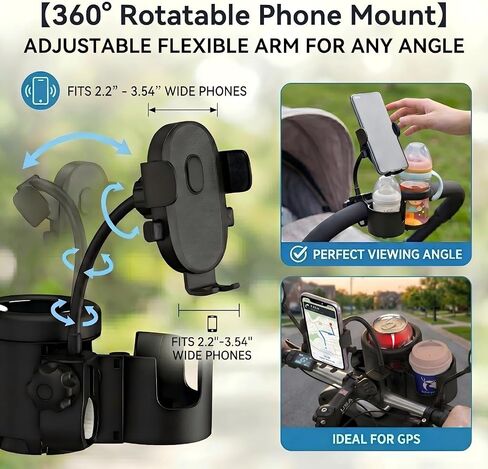 Universal 3-in-1 Stroller Cup Holder with 360° Rotatable Phone Mount, Detachable Dual Drink Holder for Bicycle, Motorcycle, Wheelchair, Walker, and Scooter, Fits Large Tumblers & Baby Bottles in Kuwait