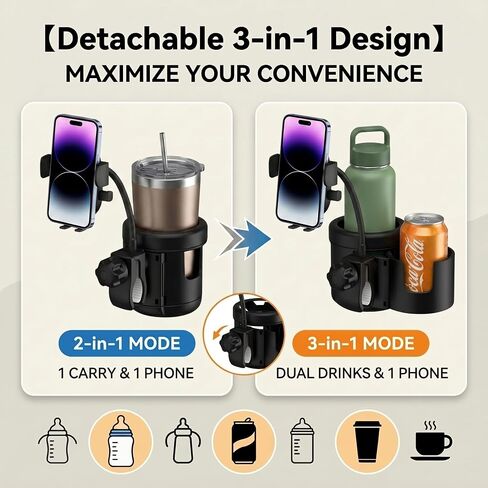 Universal 3-in-1 Stroller Cup Holder with 360° Rotatable Phone Mount, Detachable Dual Drink Holder for Bicycle, Motorcycle, Wheelchair, Walker, and Scooter, Fits Large Tumblers & Baby Bottles in Kuwait