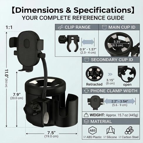 Universal 3-in-1 Stroller Cup Holder with 360° Rotatable Phone Mount, Detachable Dual Drink Holder for Bicycle, Motorcycle, Wheelchair, Walker, and Scooter, Fits Large Tumblers & Baby Bottles in Kuwait