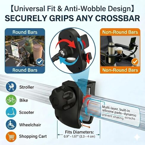 Universal 3-in-1 Stroller Cup Holder with 360° Rotatable Phone Mount, Detachable Dual Drink Holder for Bicycle, Motorcycle, Wheelchair, Walker, and Scooter, Fits Large Tumblers & Baby Bottles in Kuwait