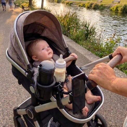 Universal 3-in-1 Stroller Cup Holder with 360° Rotatable Phone Mount, Detachable Dual Drink Holder for Bicycle, Motorcycle, Wheelchair, Walker, and Scooter, Fits Large Tumblers & Baby Bottles in Kuwait