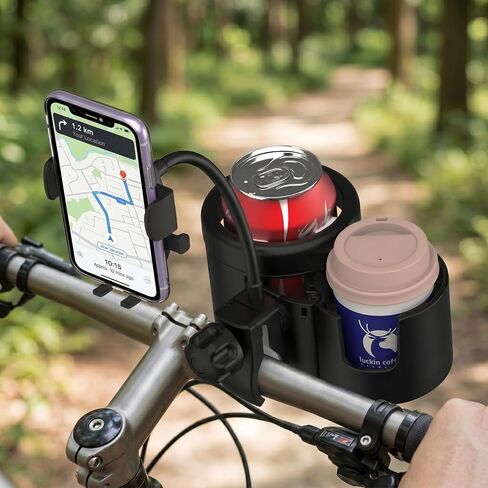 Universal 3-in-1 Stroller Cup Holder with 360° Rotatable Phone Mount, Detachable Dual Drink Holder for Bicycle, Motorcycle, Wheelchair, Walker, and Scooter, Fits Large Tumblers & Baby Bottles in Kuwait