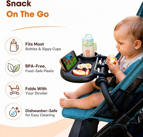 Universal Stroller Snack Tray, Compatible with Nuna Uppababy Mockingbird | Stroller Snack Tray Attachment with Cup Holder 3 in 1 | Clip On Baby Stroller Accessories for Toddler Snacking On The Go in Kuwait