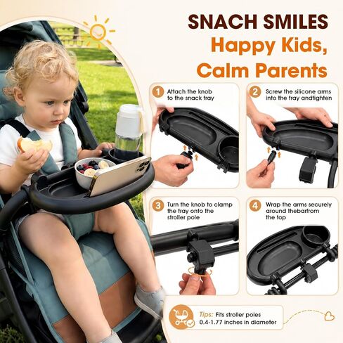 Universal Stroller Snack Tray, Compatible with Nuna Uppababy Mockingbird | Stroller Snack Tray Attachment with Cup Holder 3 in 1 | Clip On Baby Stroller Accessories for Toddler Snacking On The Go in Kuwait