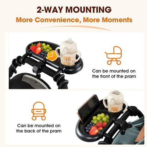 Universal Stroller Snack Tray, Compatible with Nuna Uppababy Mockingbird | Stroller Snack Tray Attachment with Cup Holder 3 in 1 | Clip On Baby Stroller Accessories for Toddler Snacking On The Go in Kuwait