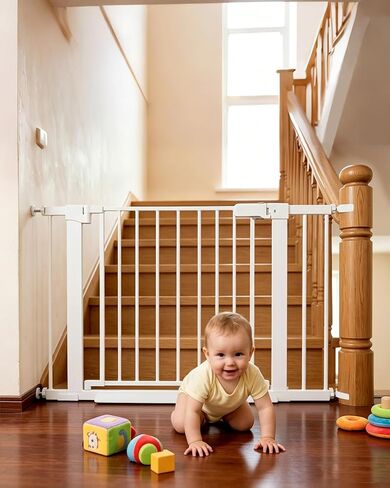 Miumoon 29.5"-46" Pressure Mounted Baby Gate for Stairs & Doorways | Dog Gate with 4 Main Rods & 2 Round Banister Adapters for Doorways & Stairs, Auto-Close Walk-Through Child Gate, 30.5" Tall in Kuwait