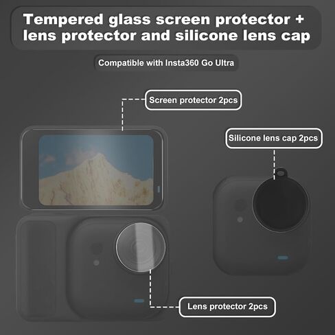 Lens Screen Protector for Insta360 Go Ultra, 2 HD Tempered Glass Screen Protector 2 Anti-Scratch Silicone Lens Film 2 Cover Cap & Cleaning Pack Protective Essentials Touch Sensitive in Kuwait