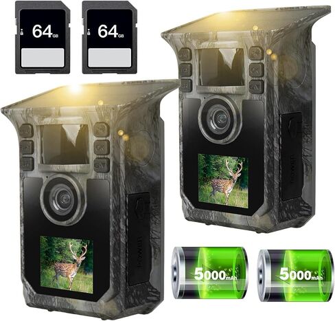 Trail Camera 2 Pack 4K 64MP Solar Game Camera with 5000mAh Forever Power, 64GB Memory Card and Ip67 Waterproof Angle Night Vision for Wildlife Deer Outdoor Trail Cam, Monitoring Trail Cameras in Kuwait