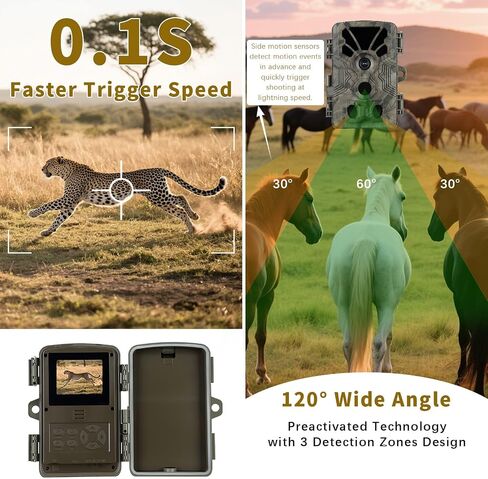 Trail Camera with 0.1s Trigger Speed, 64MP 4K Security Camera, Night Vision Motion Activated Game Cam, IP66 Waterproof, 120° Wide Angle for Deer Scouting, Wildlife Hunting (Gray) in Kuwait