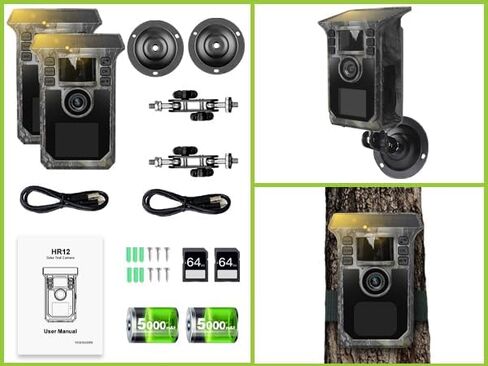 Trail Camera 2 Pack 4K 64MP Solar Game Camera with 5000mAh Forever Power, 64GB Memory Card and Ip67 Waterproof Angle Night Vision for Wildlife Deer Outdoor Trail Cam, Monitoring Trail Cameras in Kuwait