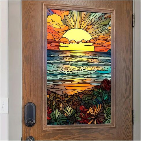 Colored Seaside Sunset Window Privacy Sticker Decorative Electrostatic Film Stained Glass Home Decoration for Room in Kuwait