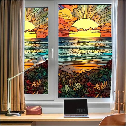 Colored Seaside Sunset Window Privacy Sticker Decorative Electrostatic Film Stained Glass Home Decoration for Room in Kuwait