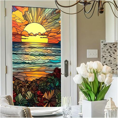 Colored Seaside Sunset Window Privacy Sticker Decorative Electrostatic Film Stained Glass Home Decoration for Room in Kuwait
