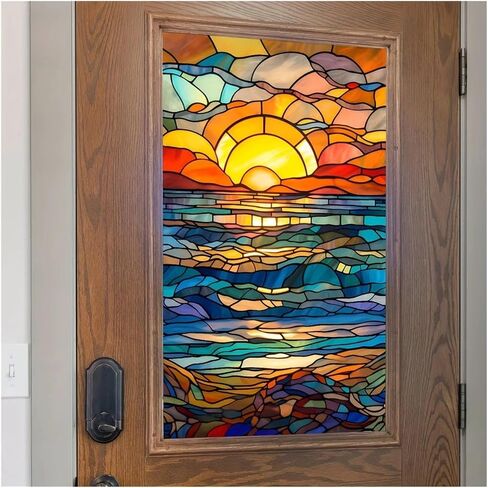 Colored Seaside Sunset Window Privacy Sticker Decorative Electrostatic Film Stained Glass Home Decoration for Room in Kuwait