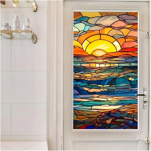Colored Seaside Sunset Window Privacy Sticker Decorative Electrostatic Film Stained Glass Home Decoration for Room in Kuwait