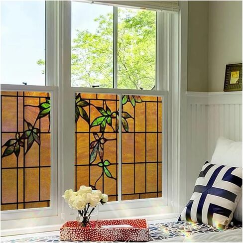 Window Film, Stained Glass, Decorative Retro Sticker, Privacy Frosted Static Cling, Home Decal for Room(Color 7,90x45CM) in Kuwait