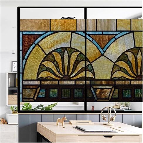 Window Film, Stained Glass, Decorative Retro Sticker, Privacy Frosted Static Cling, Home Decal for Room(Color 7,90x45CM) in Kuwait