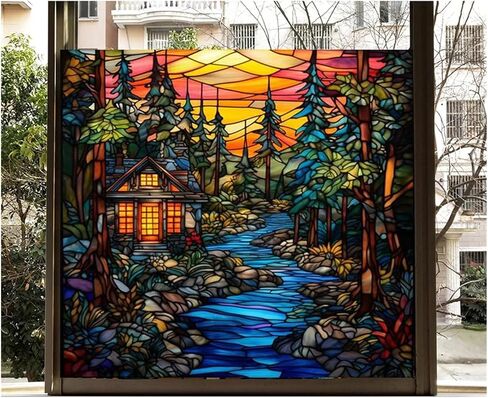Glass Films,Stained Stickers Static Cling,Frosted Privacy Print Retro Vintage Scenery Window Door Home Decor for Room(Color 24,15.75X15.75 inches) in Kuwait