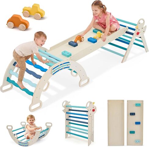 Pikler Triangle Set, 9-in-1 Foldable Montessori Climbing Toys for Toddlers, Wooden Indoor Playground with Climbing Arch, Reversible Ramp, Ladder, Toy Cars and Blocks, Blue in Kuwait