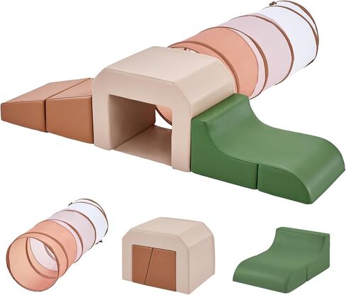 JungleDove PU Leather Foam Climbing Blocks: with Toddler Crawl Tunnel Toy | Soft Play Climber for Baby Crawling Sliding, Wipeable Indoor Climbing Gym, Kids Play structures for Playroom Activity(Blue) in Kuwait