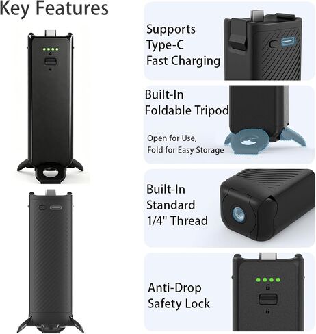 Fast Charging Battery Handle for Xtra Muse& DJI Osmo Pocket 4/ Pocket 3 4900mAh Grip with Built-in Hidden Foldable Tripod, Dual Anti-Drop Lock, LED Battery Indicator & 1/4" Thread in Kuwait